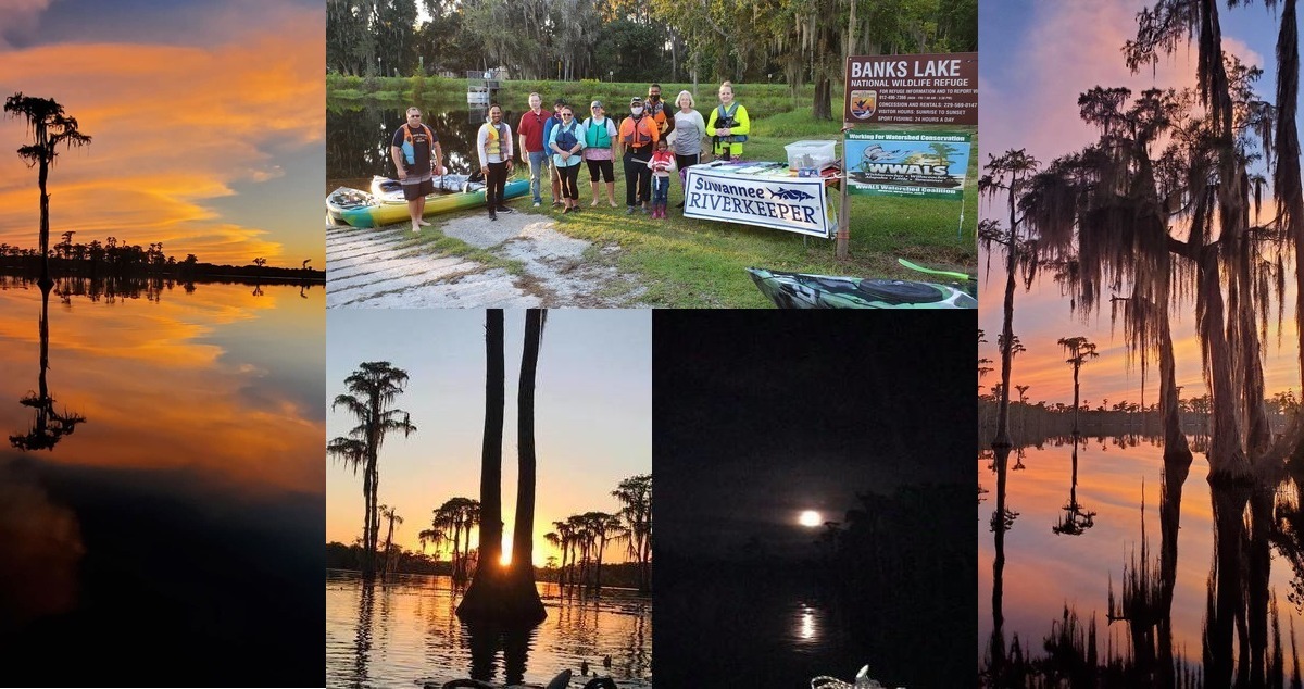 [Sunset, moonrise, and paddlers with banners]