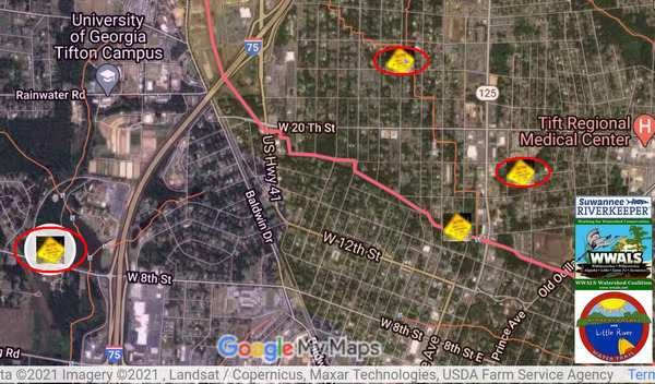 [Map: Locations of new Tifton spills]