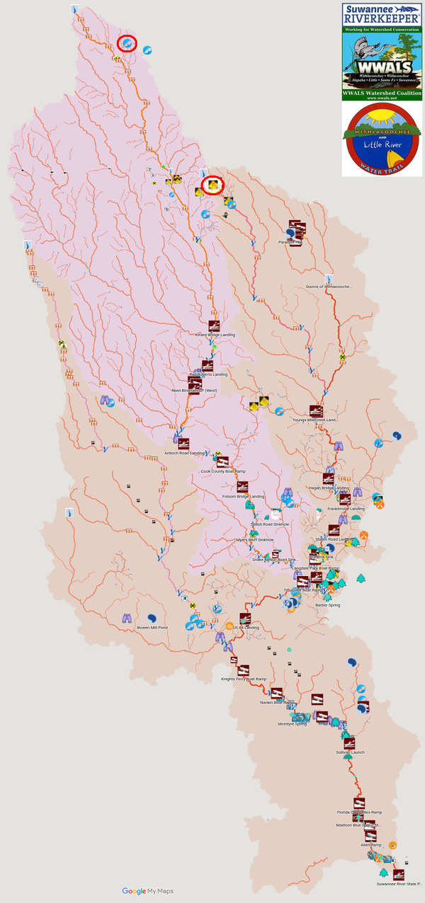 [Map: Ashburn, Tifton spills, WLRWT]