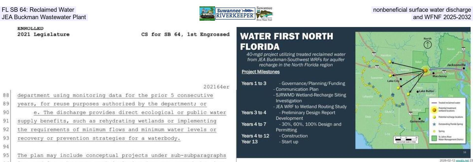 FL SB 64: Reclaimed Water, nonbeneficial surface water discharge, JEA Buckman Wastewater Plant, and WFNF 2025-2032
