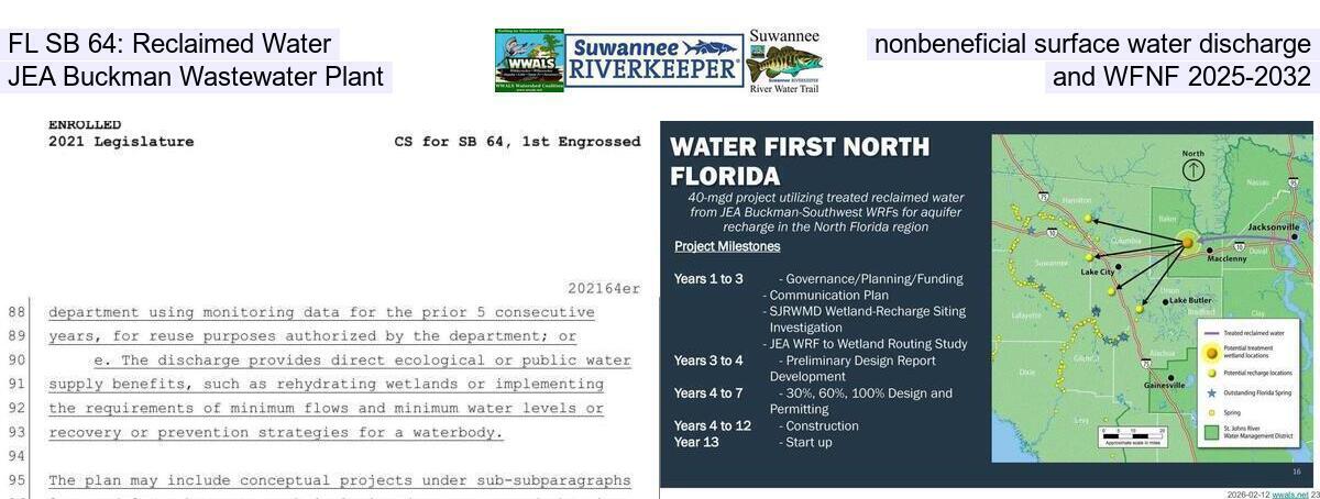 [FL SB 64: Reclaimed Water, nonbeneficial surface water discharge, JEA Buckman Wastewater Plant, and WFNF 2025-2032]