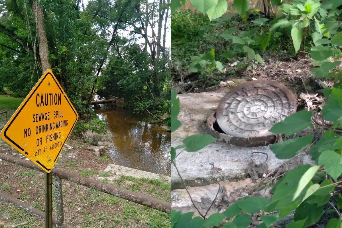 [Caution, Sewage Spill, Manhole ajar, Wainwright Drive, Onemile Branch, Valdosta, GA]