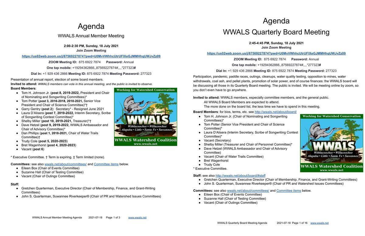 [Agendas, Annual Member Meeting, Quarterly Board Meeting, WWALS]