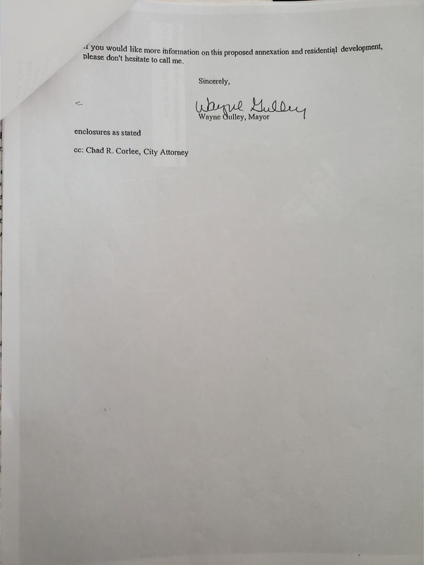 Signed Wayne Gulley, Mayor, cc: Chad R. Corlee, City Attorney