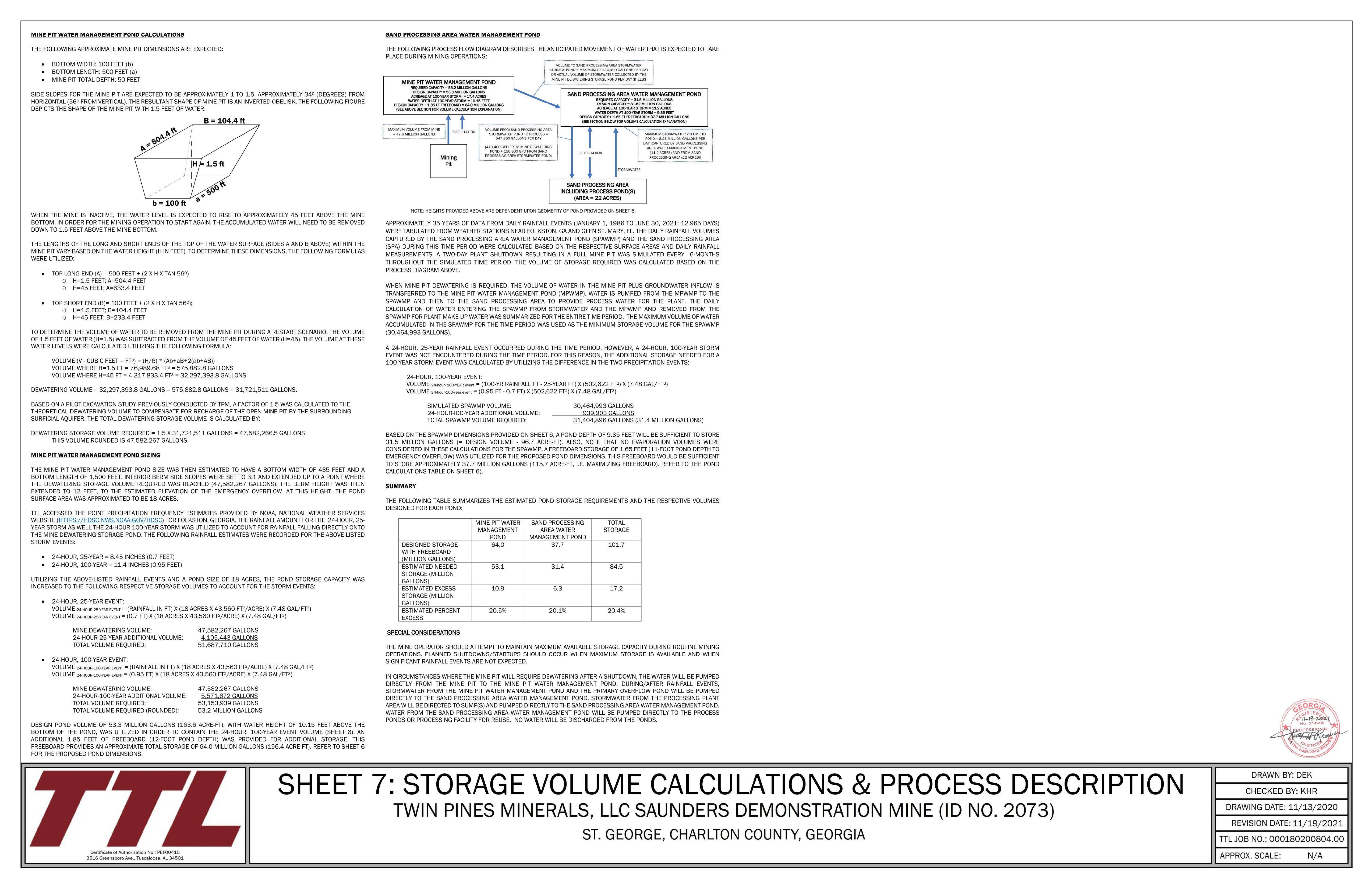 SHEET 7:STORAGE VOLUME CALCULATIONS & PROCESS DESCRIPTION