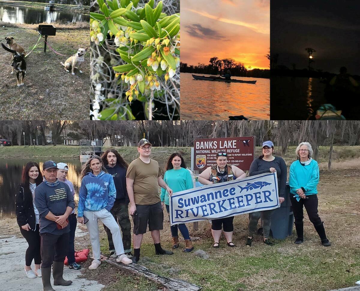 [Paddlers, banners, sunset, moonrise]