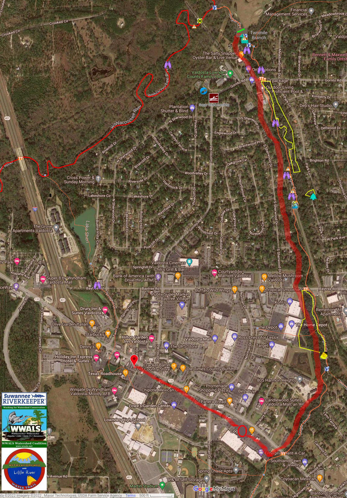 Map: KFC to Tractor Supply to Hightower Creek and Sugar Creek