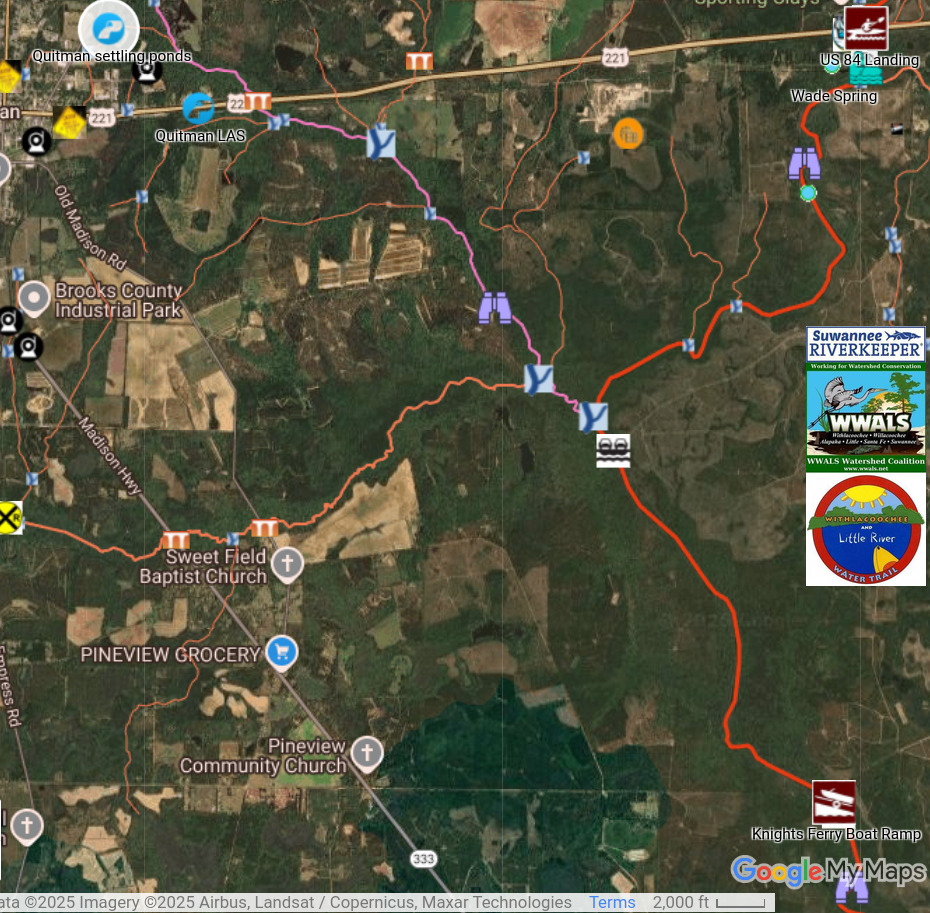 Map: Quitman Sewage Settling Ponds, Okapilco Creek, Knights Ferry Boat Ramp, Withlacoochee River