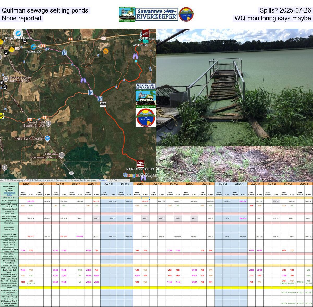 Quitman sewage settling ponds: Spills? 2025-07-26, None reported, WQ monitoring says maybe