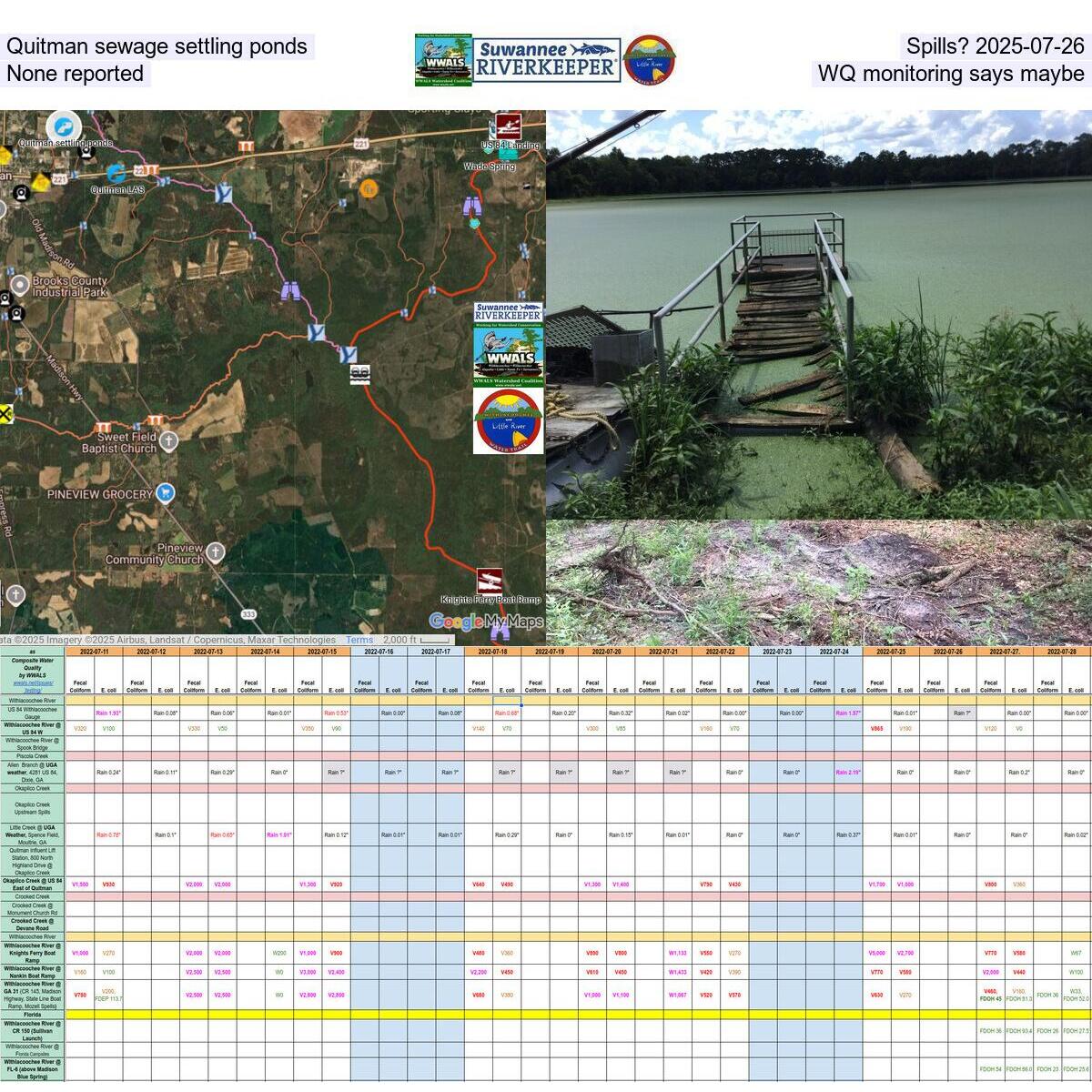 Quitman sewage settling ponds: Spills? 2025-07-26, None reported, WQ monitoring says maybe