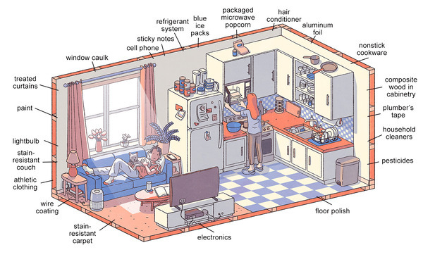 [Home diagram PFAS sources --Illustration by Tim Peacock. Source: Environ. Sci.: Processes Impacts, 2020,22, 2345-2373.]