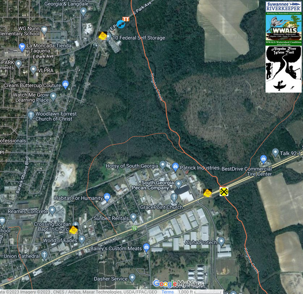 [Map: sewage spill at E. Park Ave. and US 84 in ARWT]