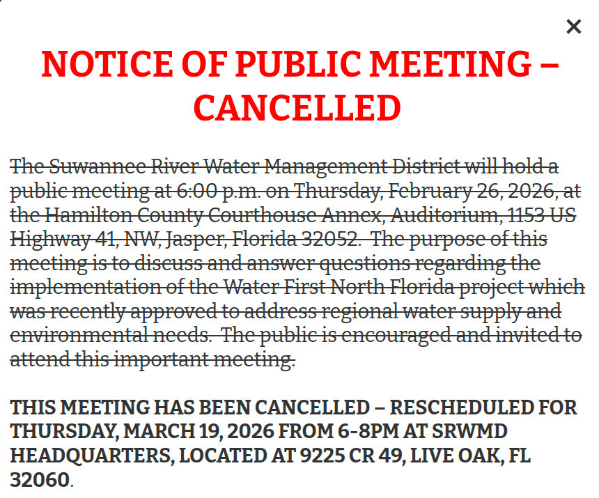 SRWMD WFNF Meeting cancelled by SRWMD, 2026-02-26 --Hamilton County Commission