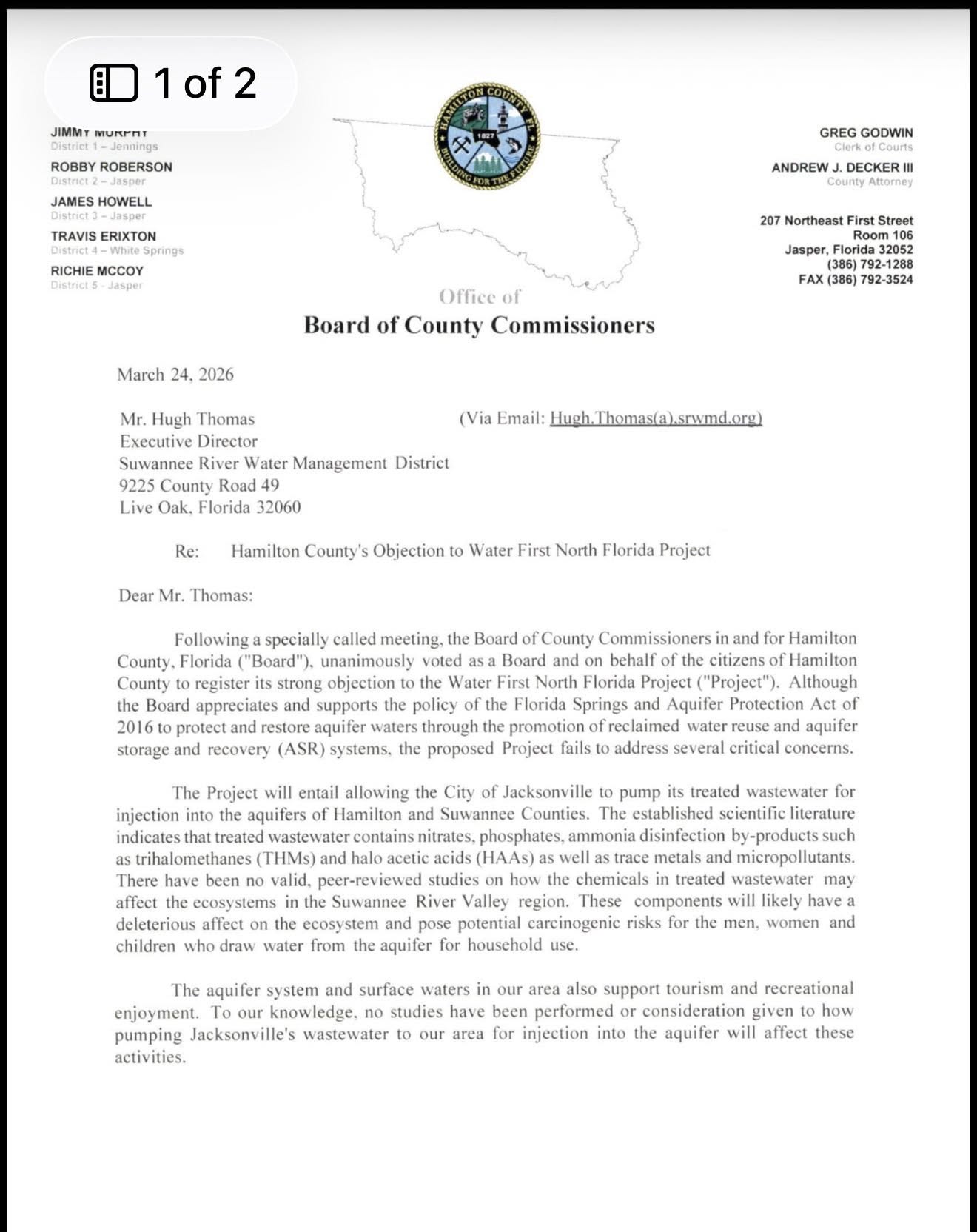 Hamilton County's Objection to Water First North Florida Project
