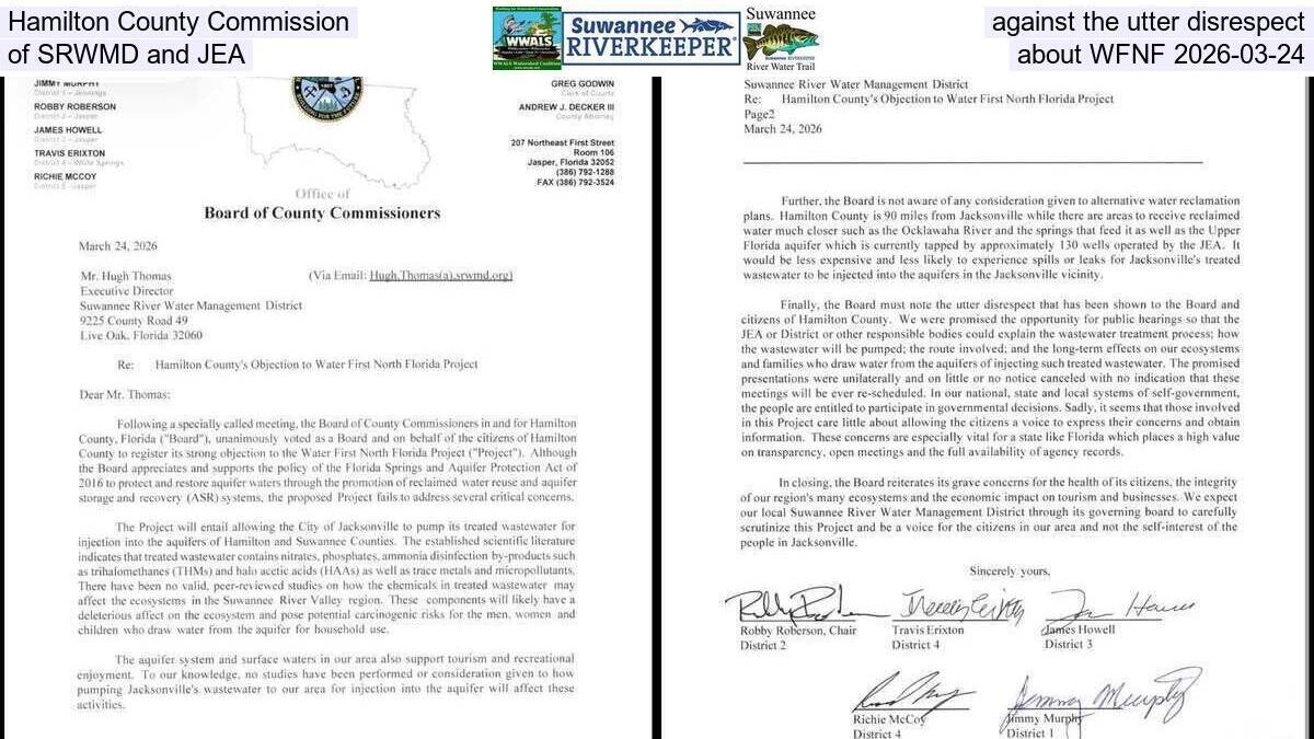 Hamilton County Commission against the utter disrespect of SRWMD and JEA about WFNF 2026-03-24