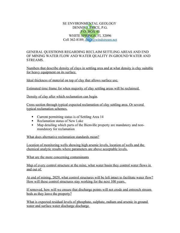 [GENERAL QUESTIONS REGARDING RECLAIM SETTLING AREAS AND END OF MINING WATER FLOW AND WATER QUALITY IN GROUND WATER AND STREAMS.]