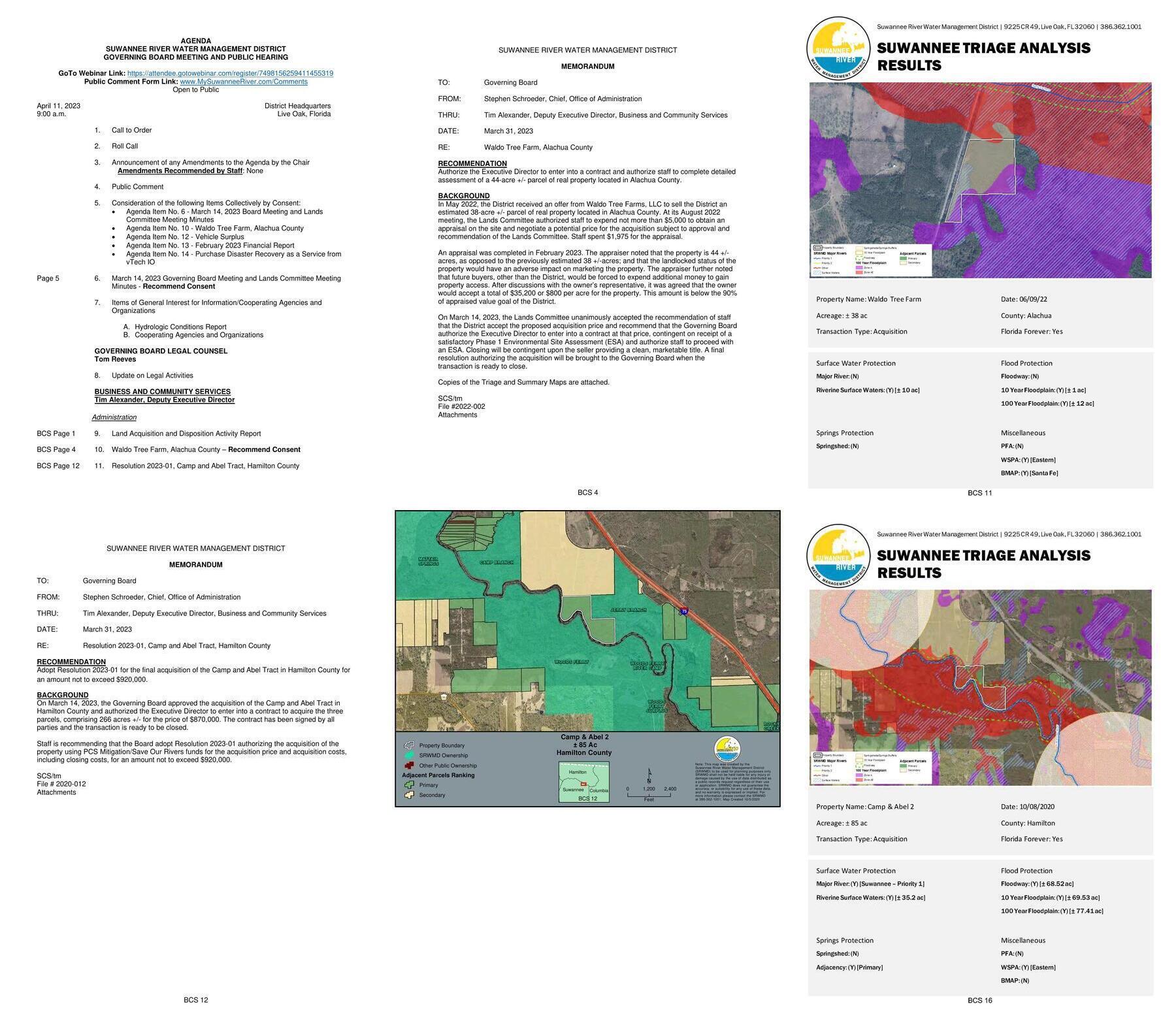 [Agenda, Waldo Tree Farm on the Santa Fe River, Camp and Abel Tract on the Suwannee River @ SRWMD Board 2023-04-11]