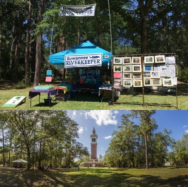 [WWALS Booth at a previous Florida Folk Festival and Carrillon at Stephen Foster Folk Culture Center State Park]