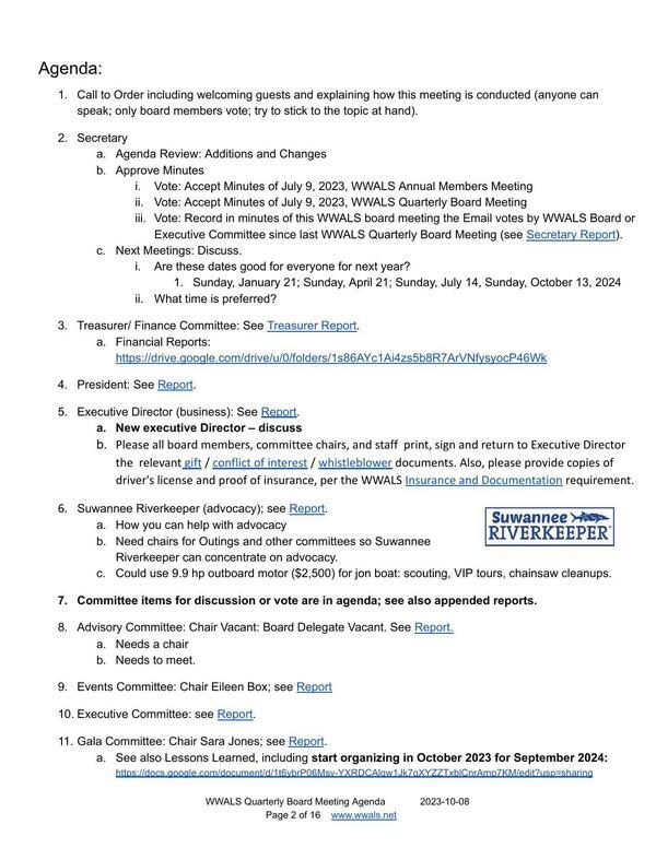 Secretary, President, E.D., Suwannee Riverkeeper, Gala Committee