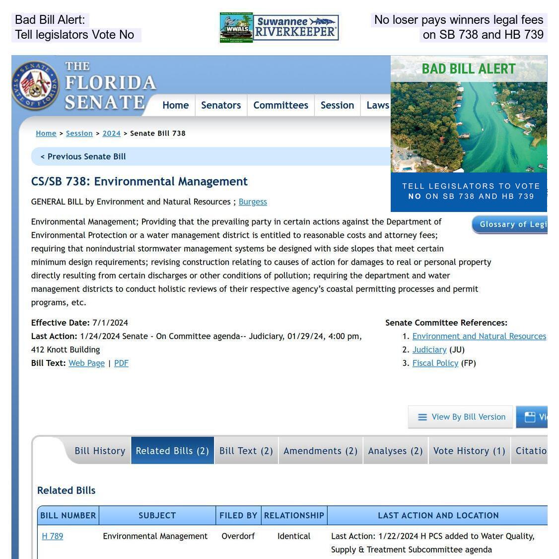 Bad Bill Alert: No loser pays winners legal fees; Tell legislators Vote No on SB 738 and HB 739