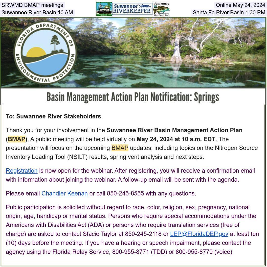 SRWMD BMAP meetings, Online May 24, 2024, Suwannee River Basin 10 AM, Santa Fe River Basin 1:30 PM