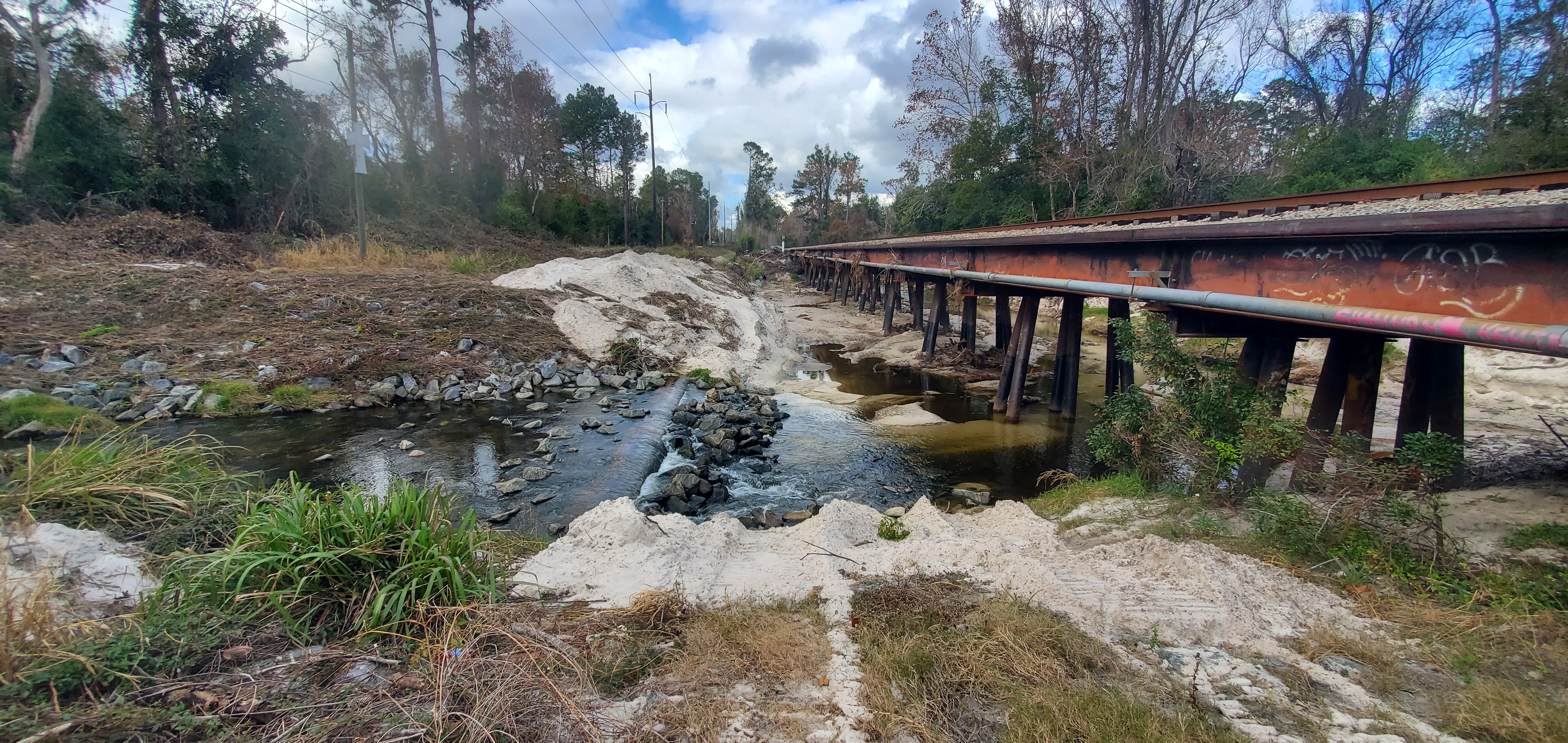 Sewer line above Norfolk Southern Railroad Trestle, Sugar Creek, 14:26:30, 30.8518247, -83.3149437