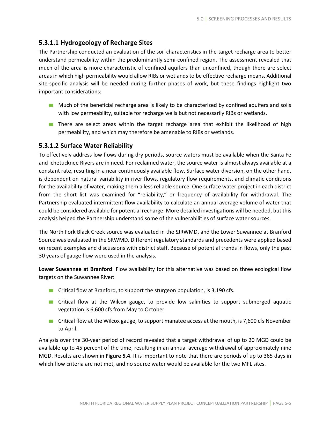 5.3.1.1 Hydrogeology of Recharge Sites and 5.3.1.2 Surface Water Reliability