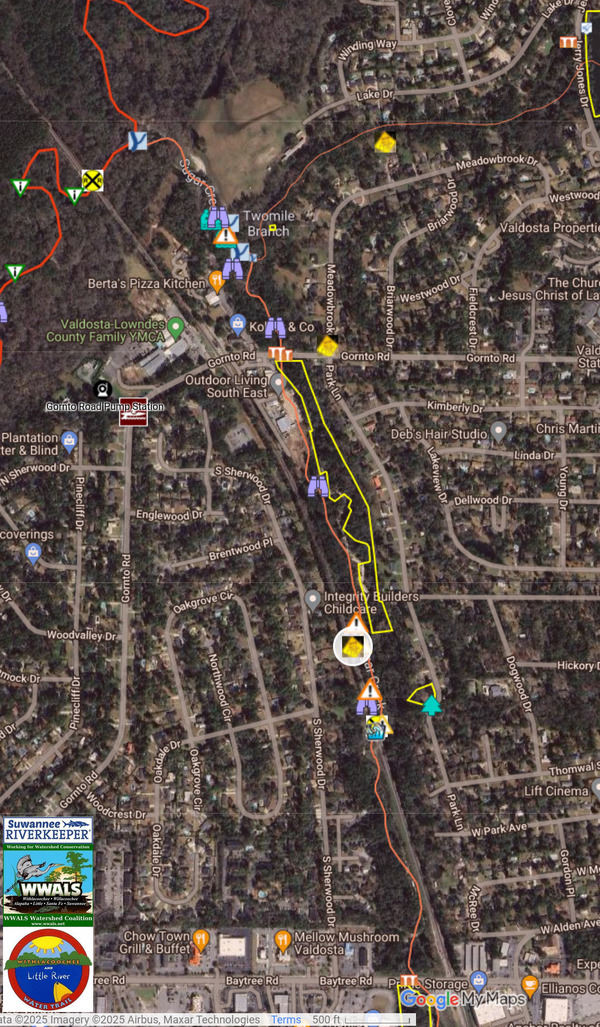 [Map: Spill Location, Sugar Creek, between Baytree and Gornto Roads --WLRWT 2025-01-08]