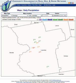 [Map: CoCoRaHS Precipitation Lowndes County, GA 2025-04-01]