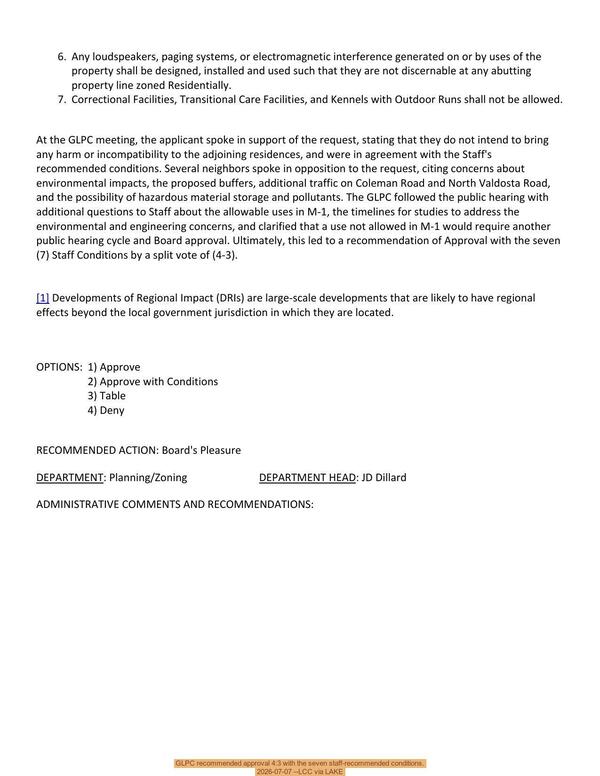 [GLPC recommended approval 4:3 with the seven staff-recommended conditions. 2026-07-07 --LCC via LAKE]