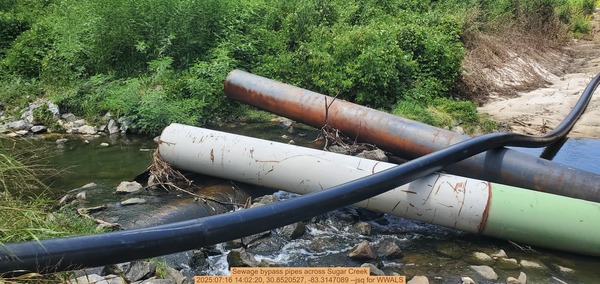 [Sewage bypass pipes across Sugar Creek, 2025:07:16 14:02:20, 30.8520527, -83.3147089 --jsq for WWALS]