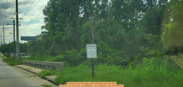 [Baytree Road Sewage Spill Valdosta warning sign, 2025:07:16 16:23:46, 30.8469802, -83.3136559 --jsq for WWALS]