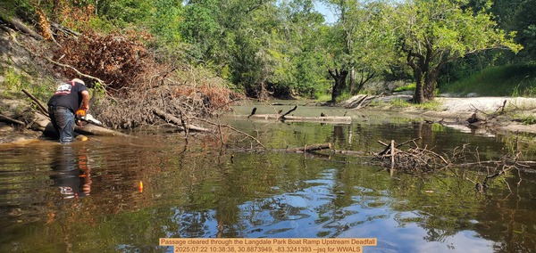 Passage cleared through the Langdale Park Boat Ramp Upstream Deadfall, 2025:07:22 10:38:38, 30.8873949, -83.3241393 --jsq for WWALS