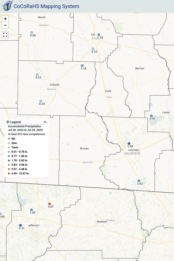 [Map: Rainfall, Withlacoochee River, 2025-07-20-25 --CoCoRaHS]