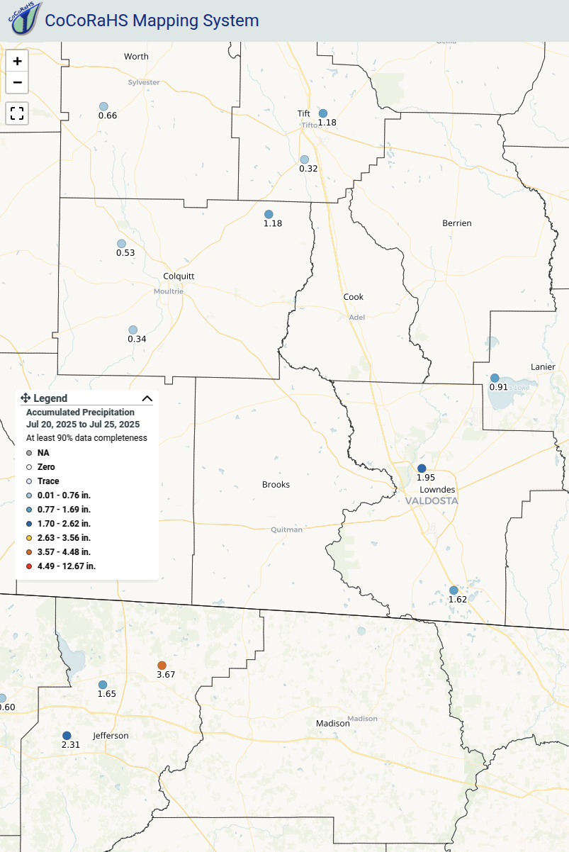 Map: Rainfall, Withlacoochee River, 2025-07-20-25 --CoCoRaHS