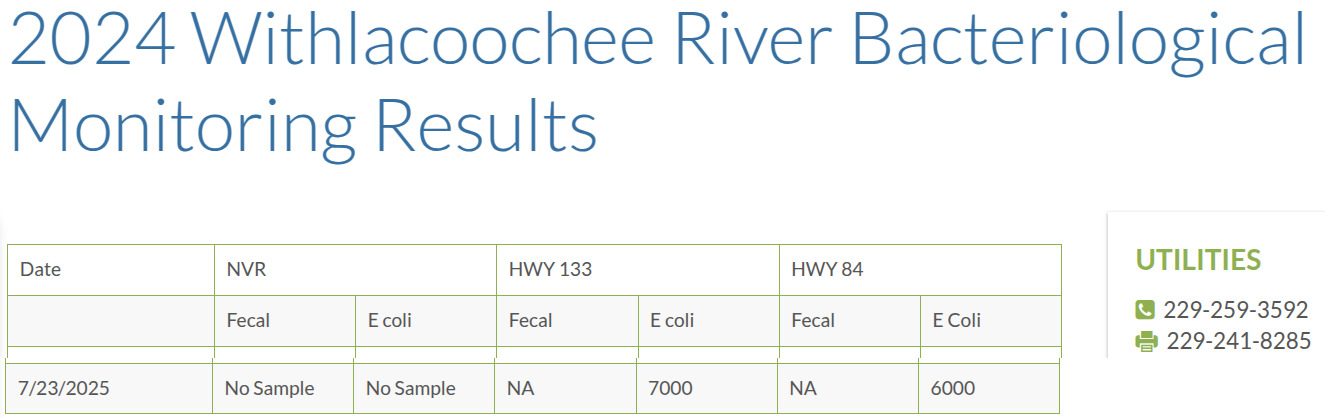 Table: Withlacoochee River at GA 133 and US 84, 2025-07-23 --Valdosta Utilities