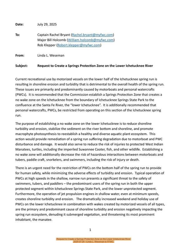 [Request to Create a Springs Protection Zone on the Lower Ichetucknee River, 2025-07-29 --Linda L. Weseman to FFWC]