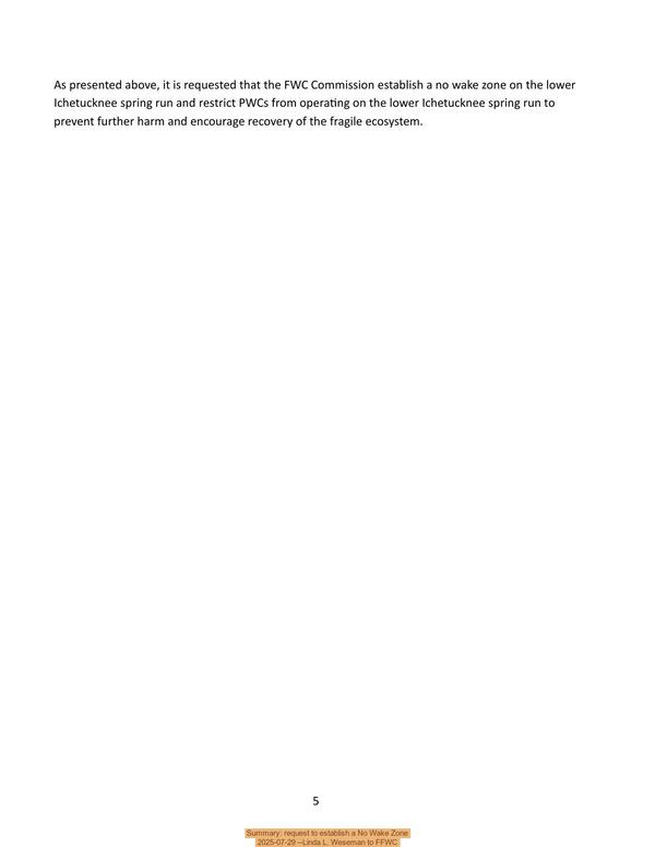 [Summary: request to establish a No Wake Zone, 2025-07-29 --Linda L. Weseman to FFWC]