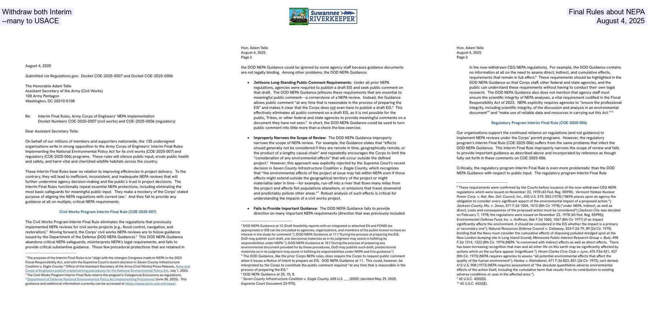 Withdraw both Interim Final Rules about NEPA --many to USACE, August 4, 2025