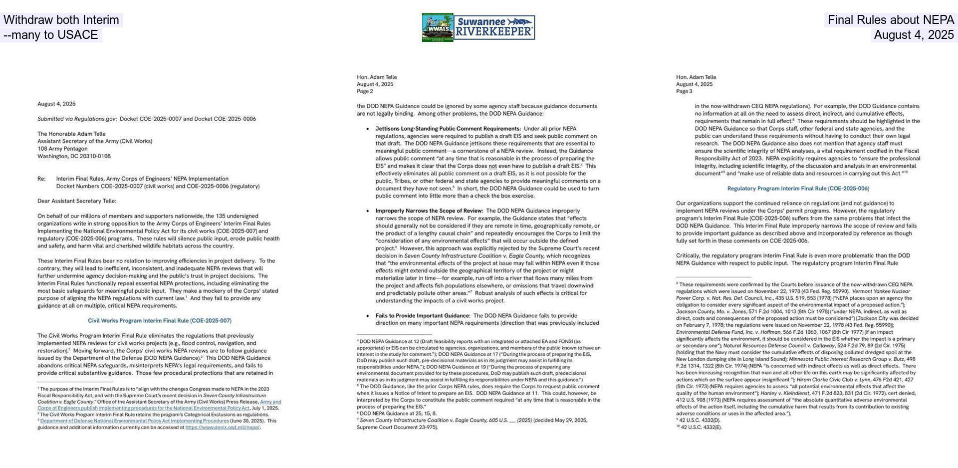 Withdraw both Interim Final Rules about NEPA --many to USACE, August 4, 2025