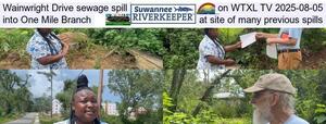 [Wainwright Drive sewage spill on WTXL TV 2025-08-05, into One Mile Branch, at site of many previous spills]