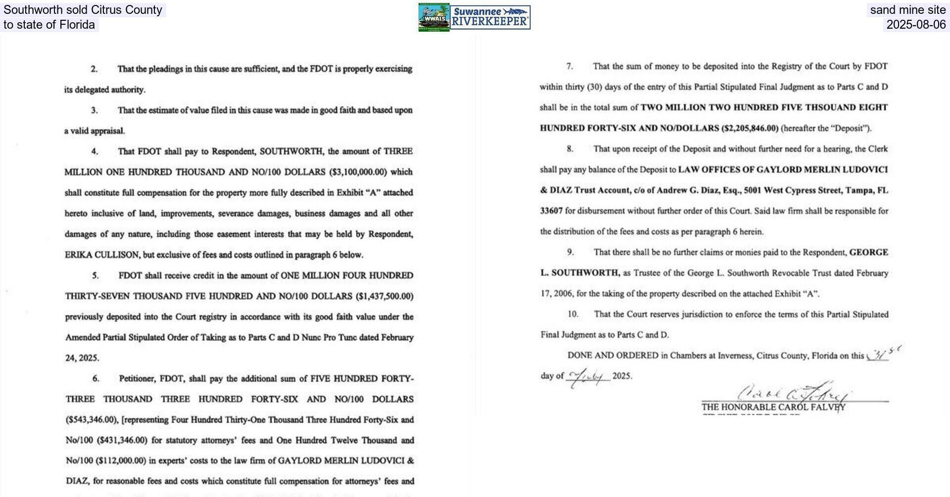 [Southworth sold Citrus County sand mine site to state of Florida, 2025-08-06]