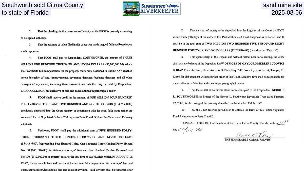 Southworth sold Citrus County sand mine site to state of Florida, 2025-08-06
