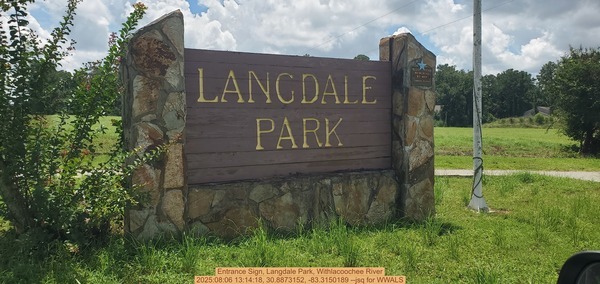 [Entrance Sign, Langdale Park, Withlacoochee River, 2025:08:06 13:14:18, 30.8873152, -83.3150189 --jsq for WWALS]