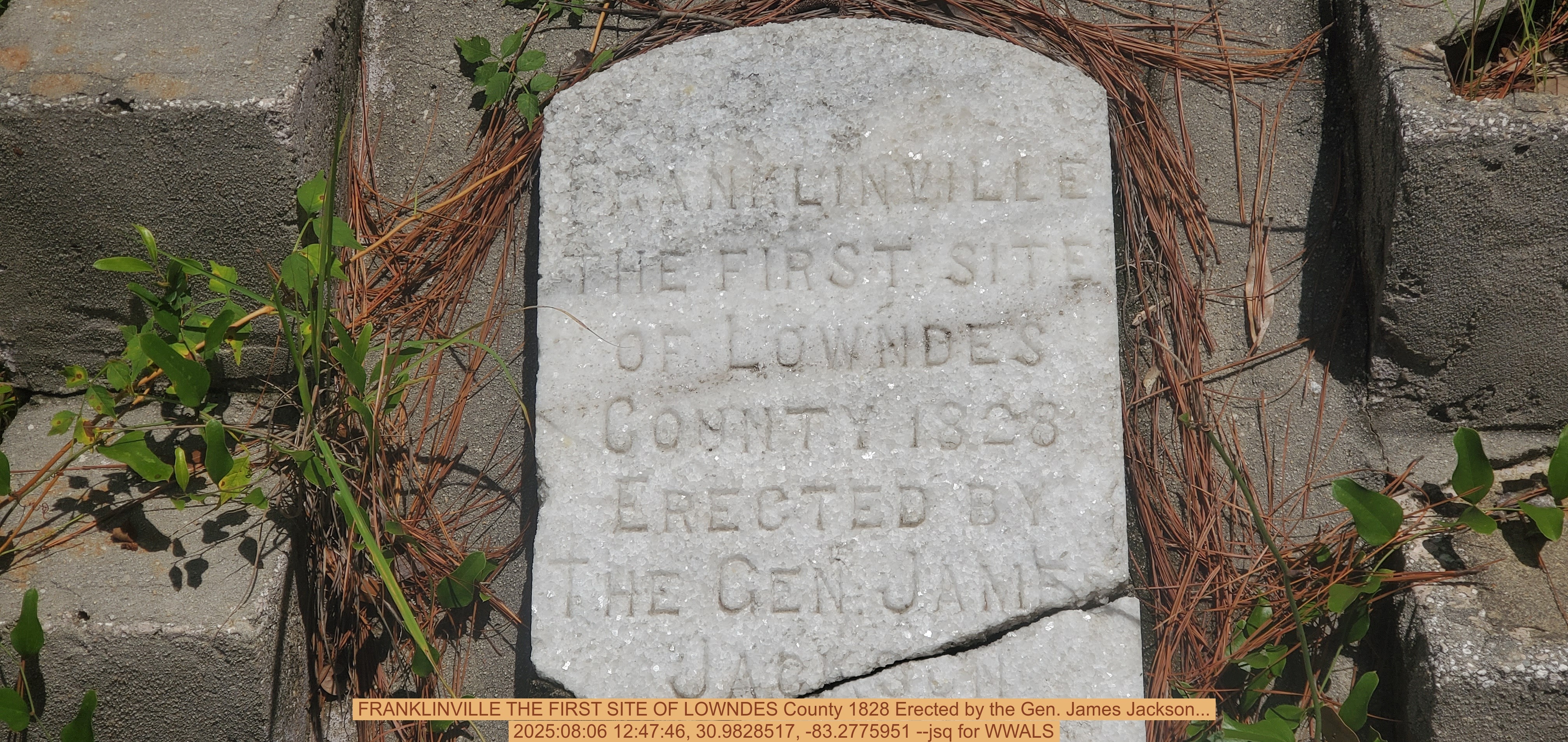 FRANKLINVILLE THE FIRST SITE OF LOWNDES County 1828 Erected by the Gen. James Jackson..., 2025:08:06 12:47:46, 30.9828517, -83.2775951 --jsq for WWALS