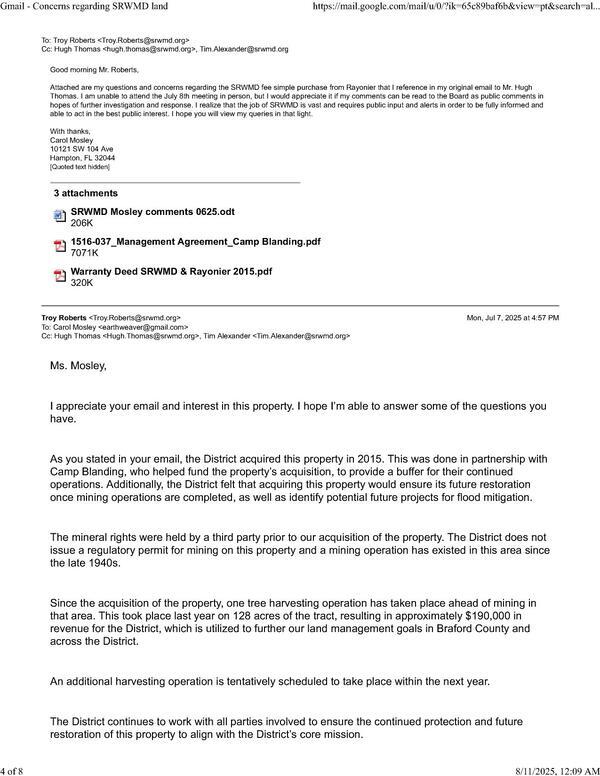Carol Mosley to Troy Roberts and his reply 2025-07-07
