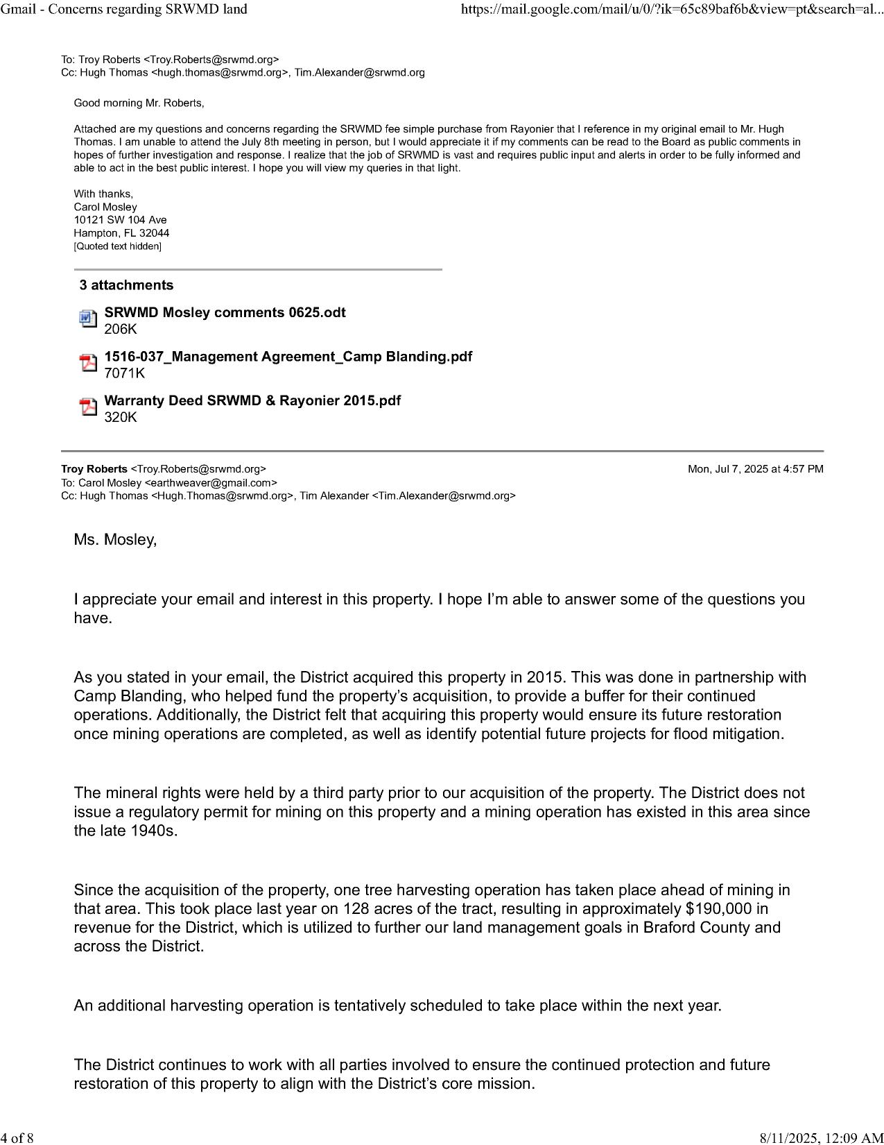 Carol Mosley to Troy Roberts and his reply 2025-07-07