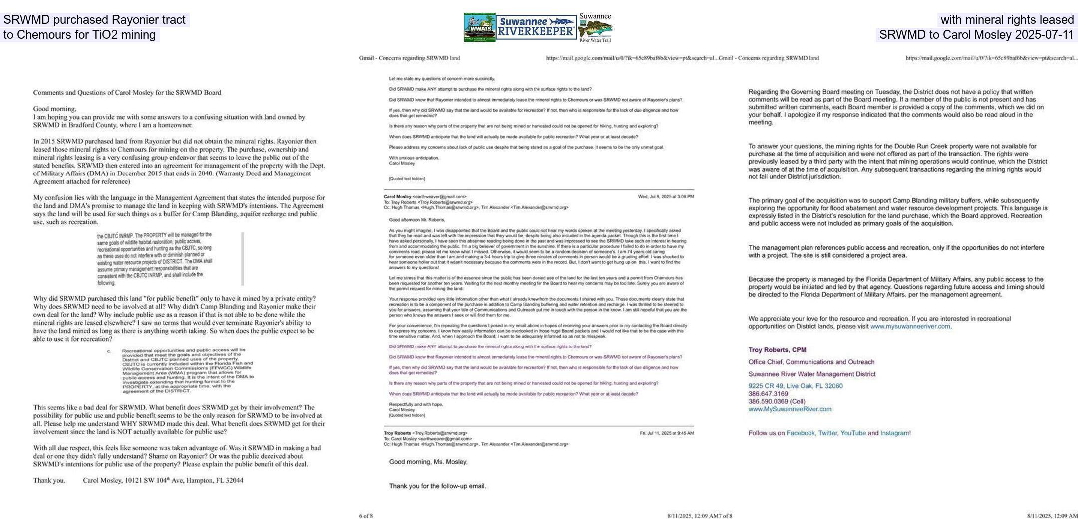 SRWMD purchased Rayonier tract with mineral rights leased to Chemours for TiO2 mining, SRWMD to Carol Mosley 2025-07-11