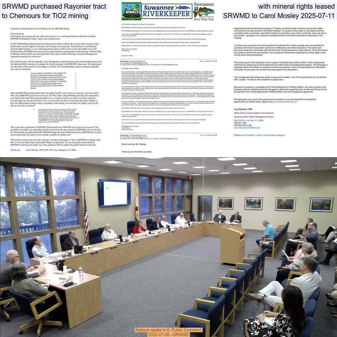 [SRWMD purchased Rayonier tract with mineral rights leased to Chemours for TiO2 mining, SRWMD to Carol Mosley 2025-07-11]