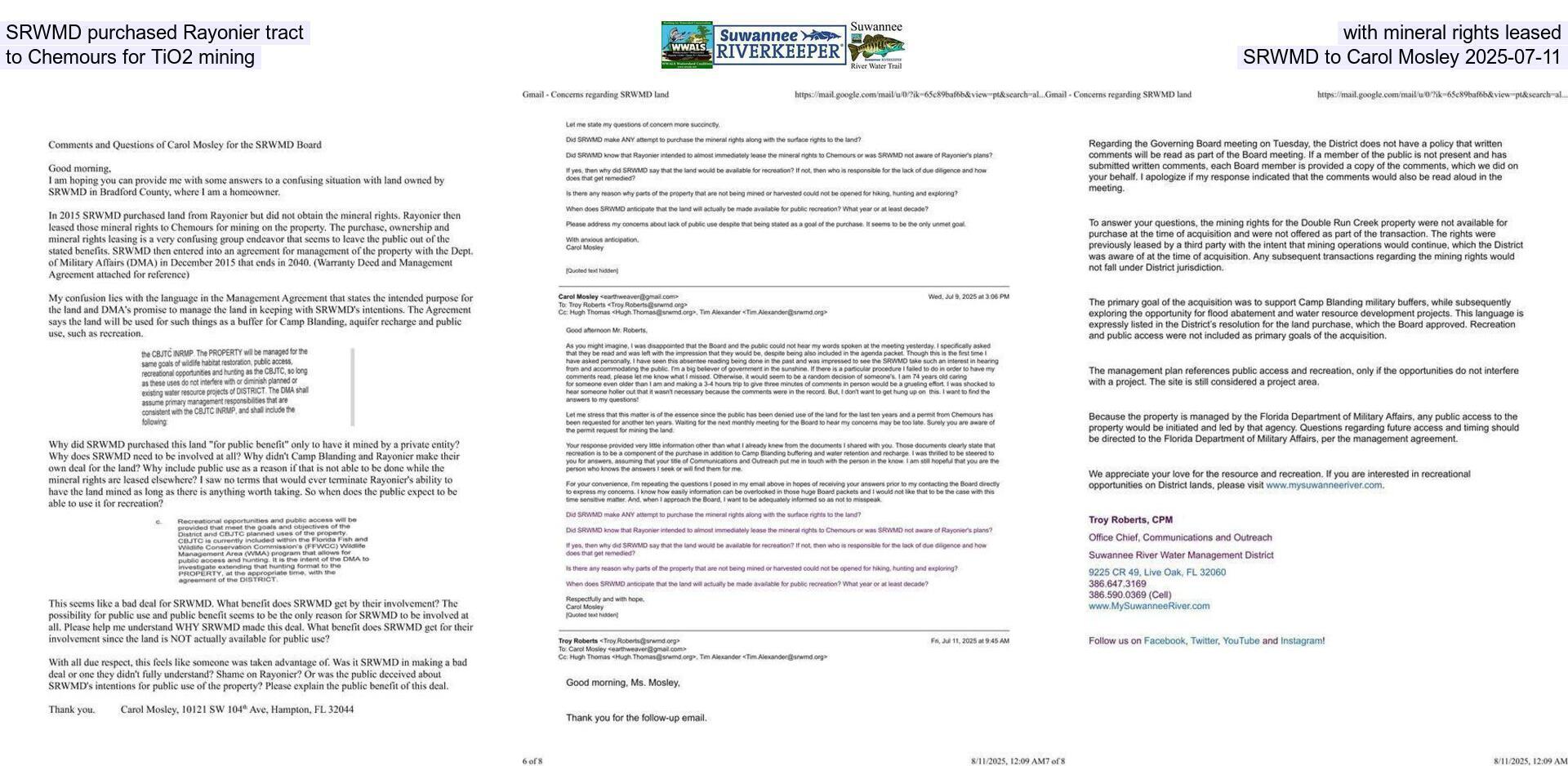 [SRWMD purchased Rayonier tract with mineral rights leased to Chemours for TiO2 mining, SRWMD to Carol Mosley 2025-07-11]
